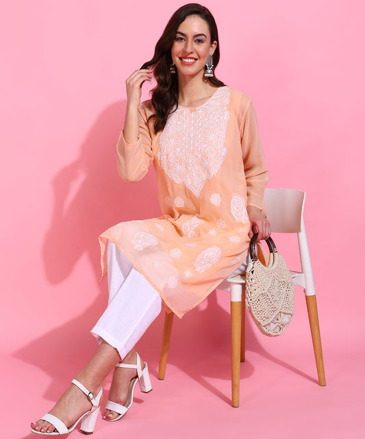 Peach Georgette Chikankari Kurta for Women | White Thread Embroidered Kurti | Rudraaksha Made in India RUDRAAKSHA