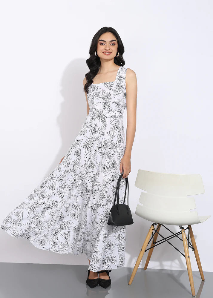 Elegant Geometric Printed Sleeveless Maxi Dress for Women