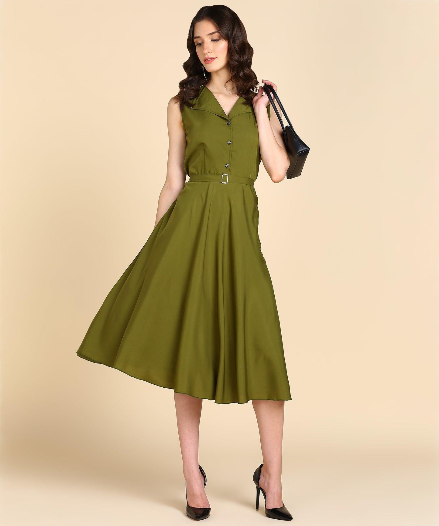 Rudraaksha Women Olive Green Solid Midi Dress | Sleeveless Button-Front Belted Fit & Flare Dress RUDRAAKSHA