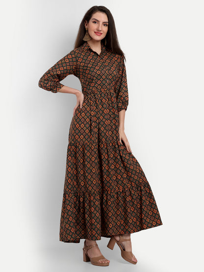 stylish collared cotton printed maxi dress for women