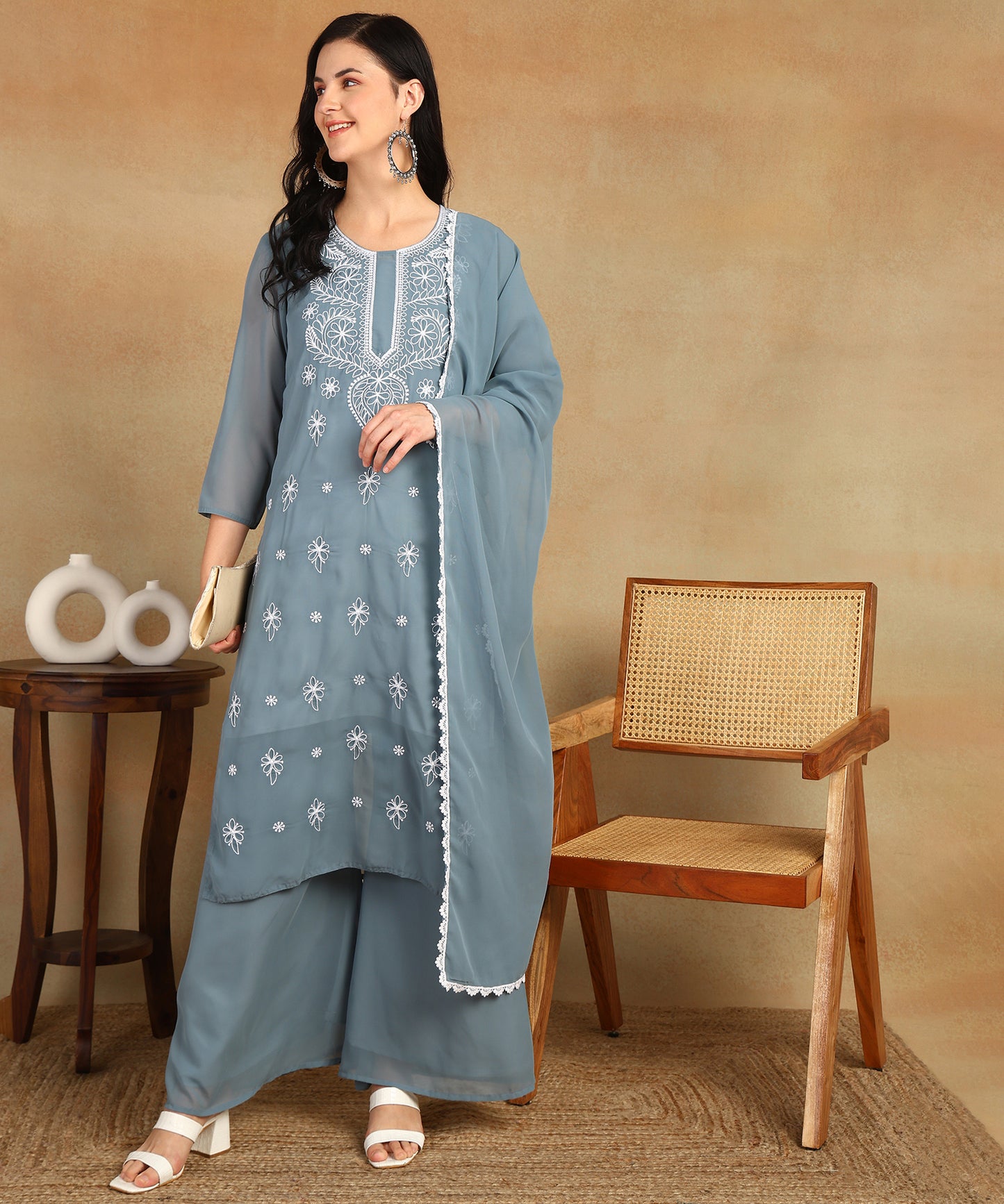Chikankari Straight Kurta with Palazzo & Dupatta set