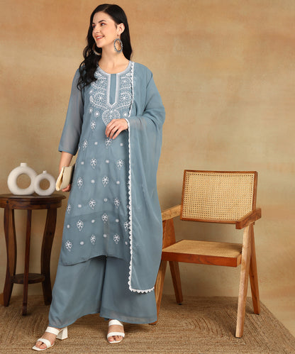 Chikankari Straight Kurta with Palazzo & Dupatta set