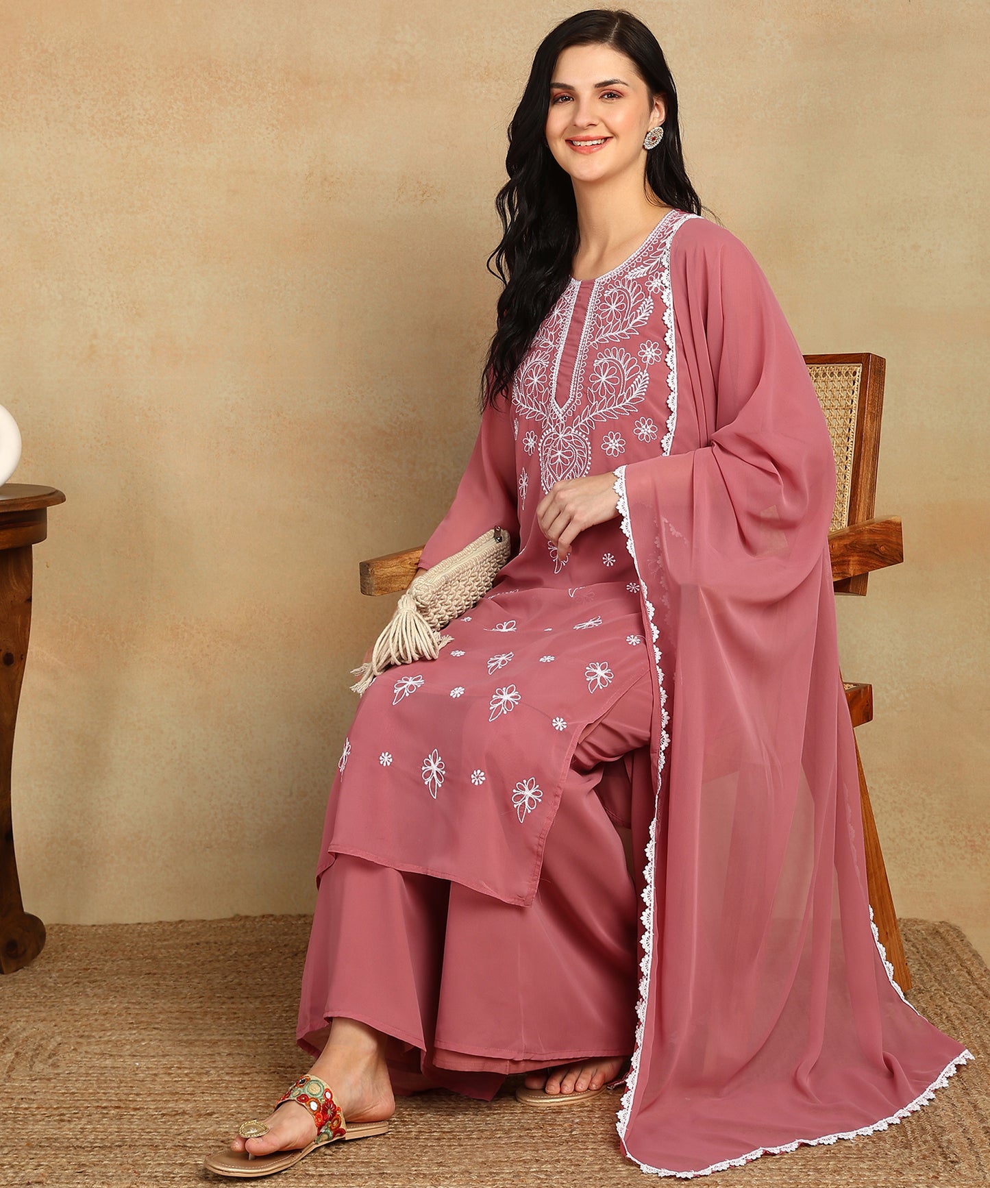 Chikankari Straight Kurta with Palazzo & Dupatta set