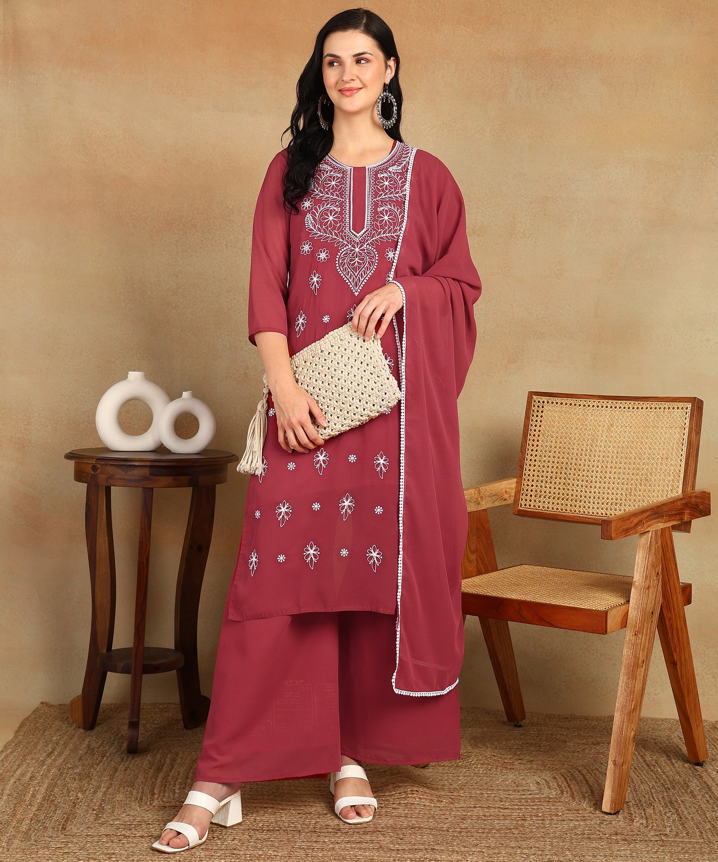 Chikankari Straight Kurta with Palazzo & Dupatta set
