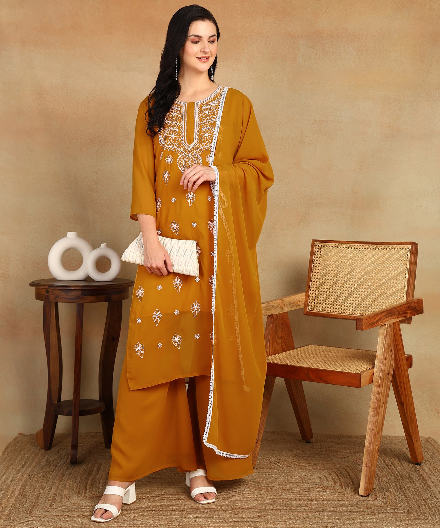 Chikankari Straight Kurta with Palazzo & Dupatta set