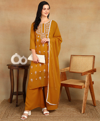 Chikankari Straight Kurta with Palazzo & Dupatta set