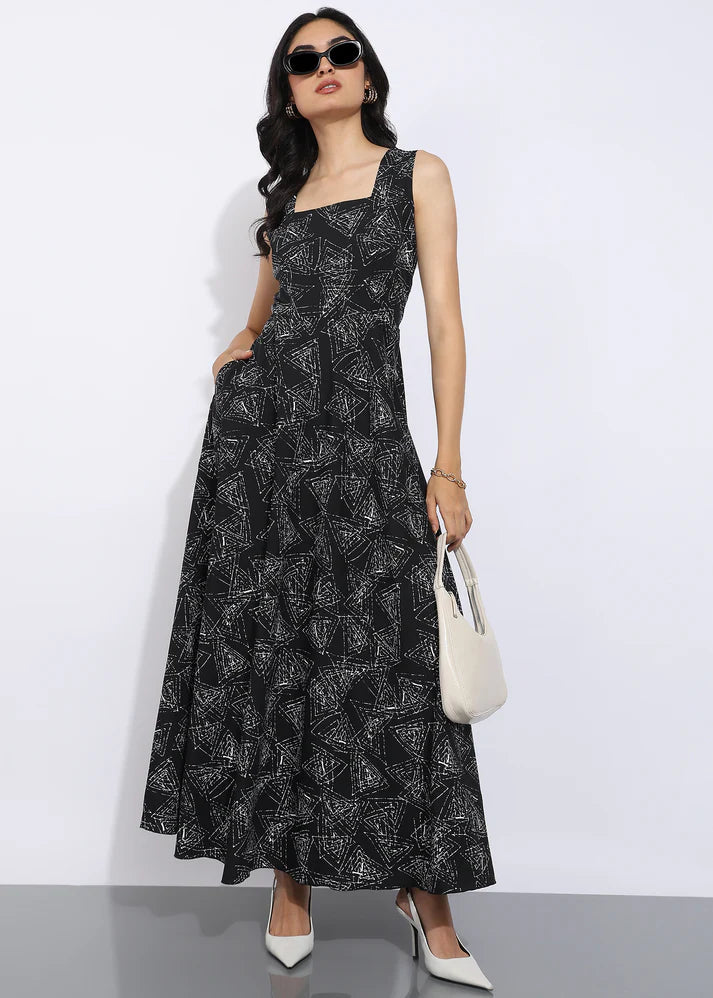 Elegant Geometric Printed Sleeveless Maxi Dress for Women
