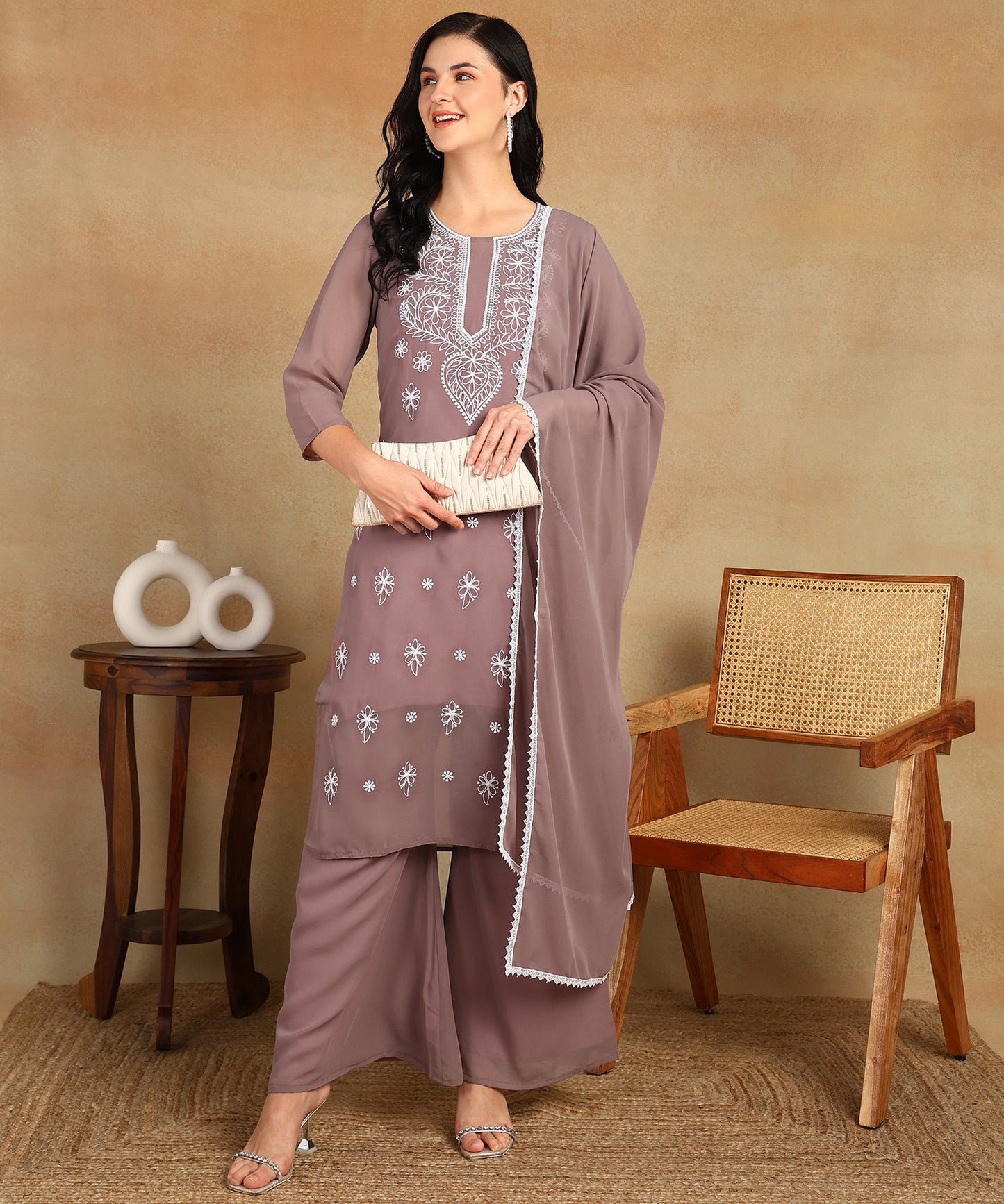 Chikankari Straight Kurta with Palazzo & Dupatta set