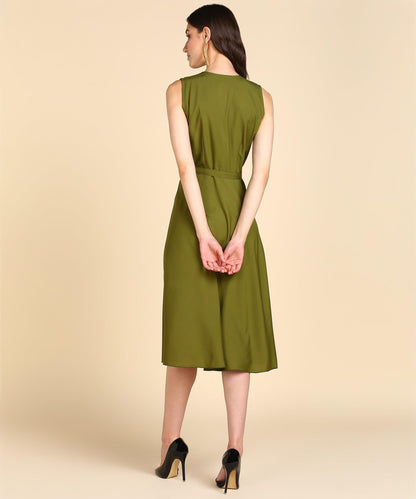 Rudraaksha Women Olive Green Solid Midi Dress | Sleeveless Button-Front Belted Fit & Flare Dress RUDRAAKSHA