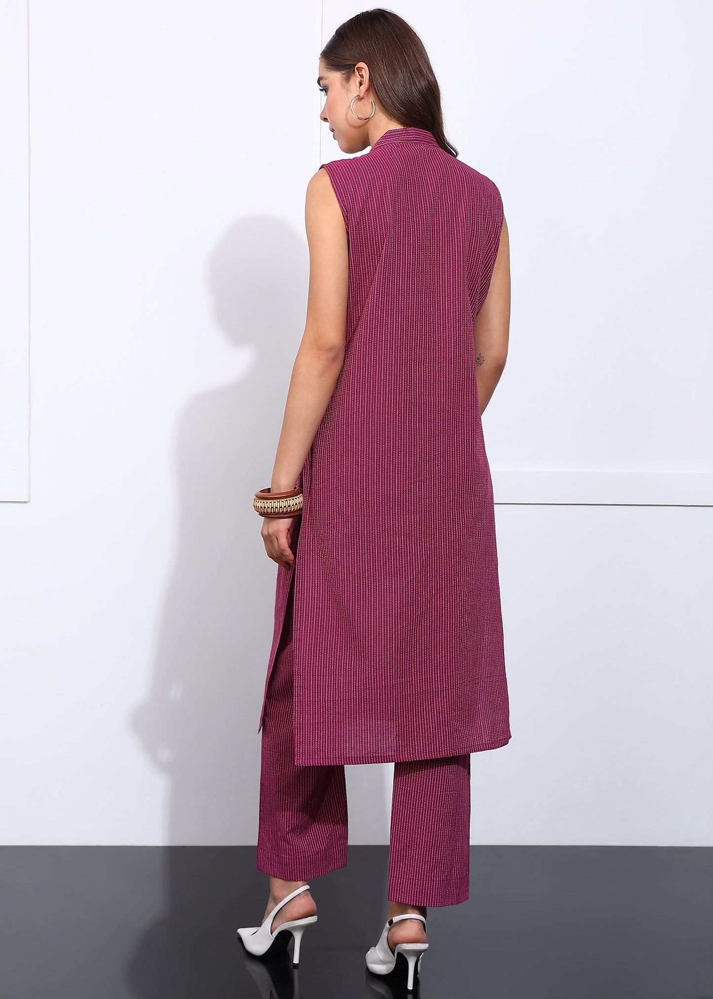 Wine Maroon Cotton Co-Ord Set for Women | Sleeveless Kurti with Straight Pants RUDRAAKSHA