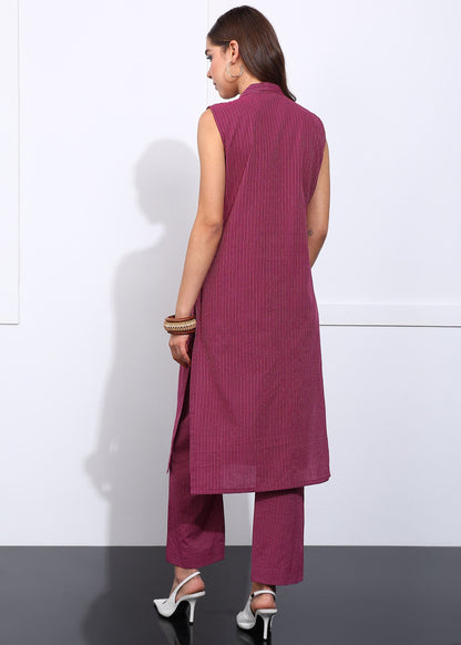 Wine Maroon Cotton Co-Ord Set for Women | Sleeveless Kurti with Straight Pants RUDRAAKSHA