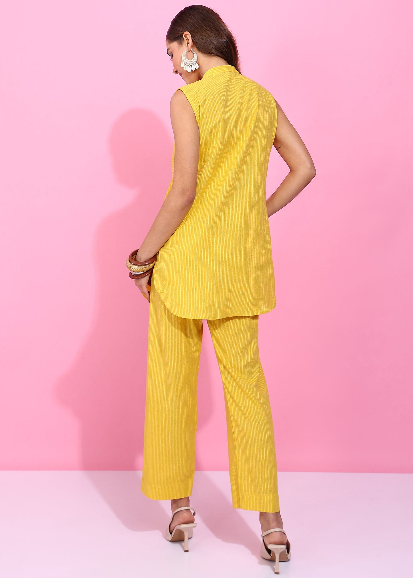 Rudraaksha Yellow Cotton Co-Ord Set for Women | Sleeveless Kurti Top & Straight Pants | Summer Wear Cotton Set RUDRAAKSHA