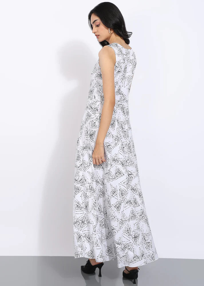 Elegant Geometric Printed Sleeveless Maxi Dress for Women