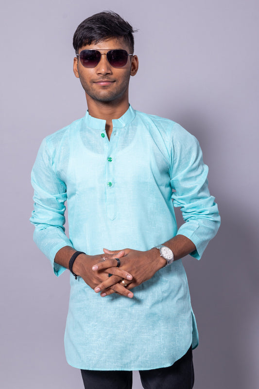Cotton Blend Solid Casual Short Kurta for Men Long Sleeve Mandarin Collar Stylish Shirt Kurta for Men