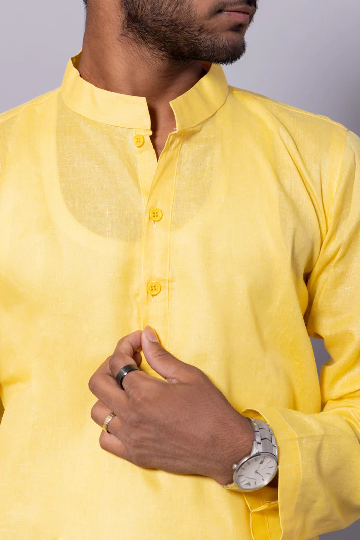 Men’s Yellow Long Cotton Kurta – Vibrant Festive Comfort in Style