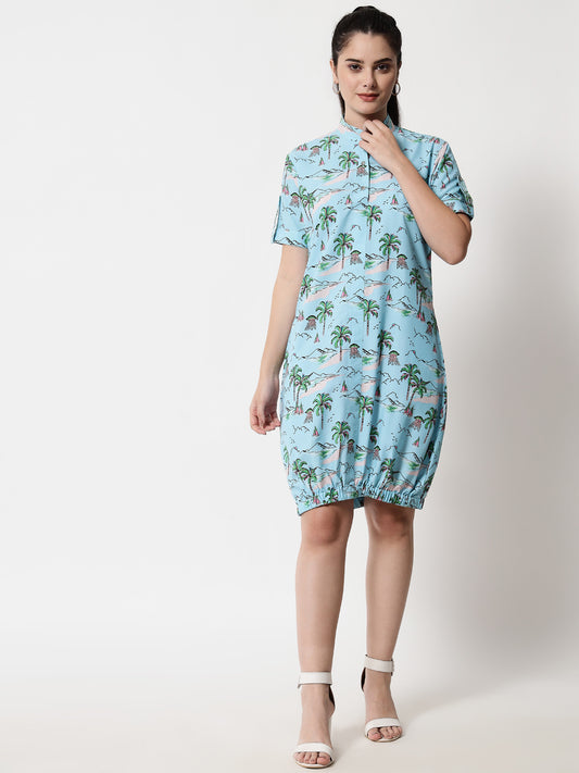 Printed Elasticated Short Dress (Blue)