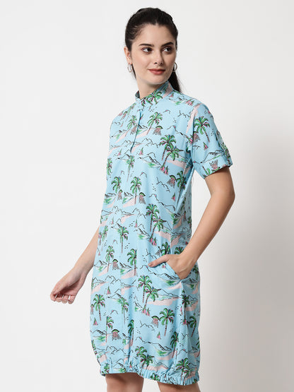 Printed Elasticated Short Dress (Blue)