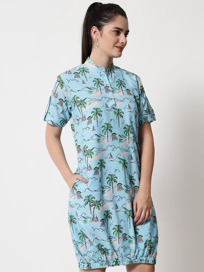 Printed Elasticated Short Dress (Blue)