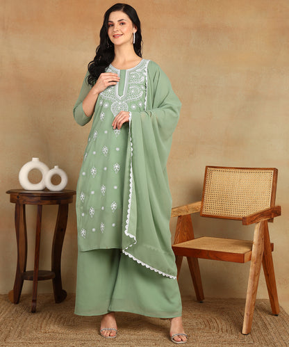 Chikankari Straight Kurta with Palazzo & Dupatta set