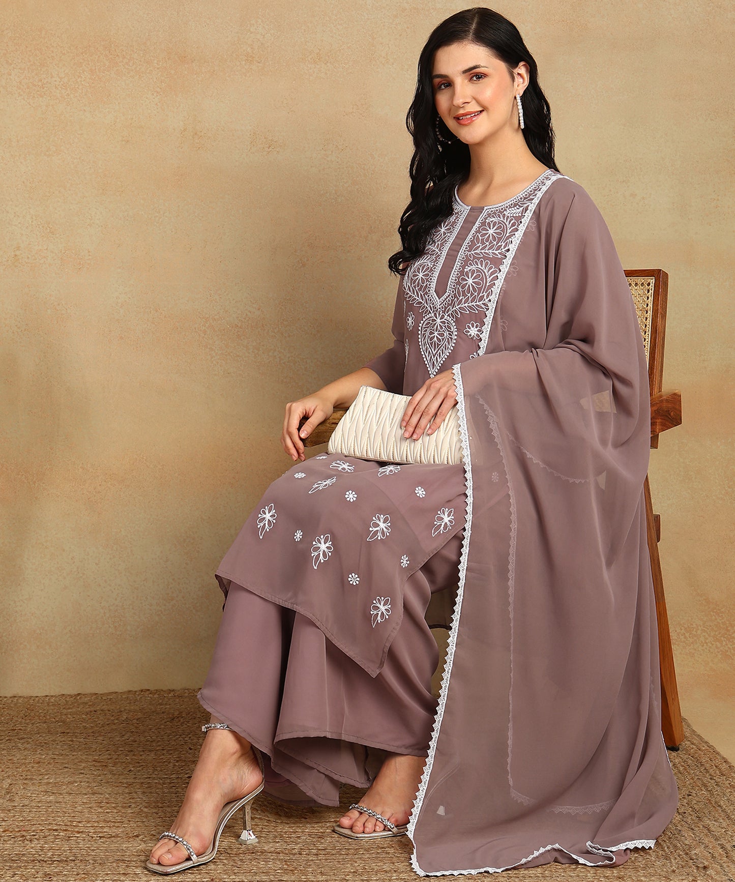 Chikankari Straight Kurta with Palazzo & Dupatta set