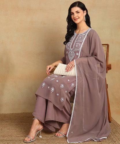 Chikankari Straight Kurta with Palazzo & Dupatta set