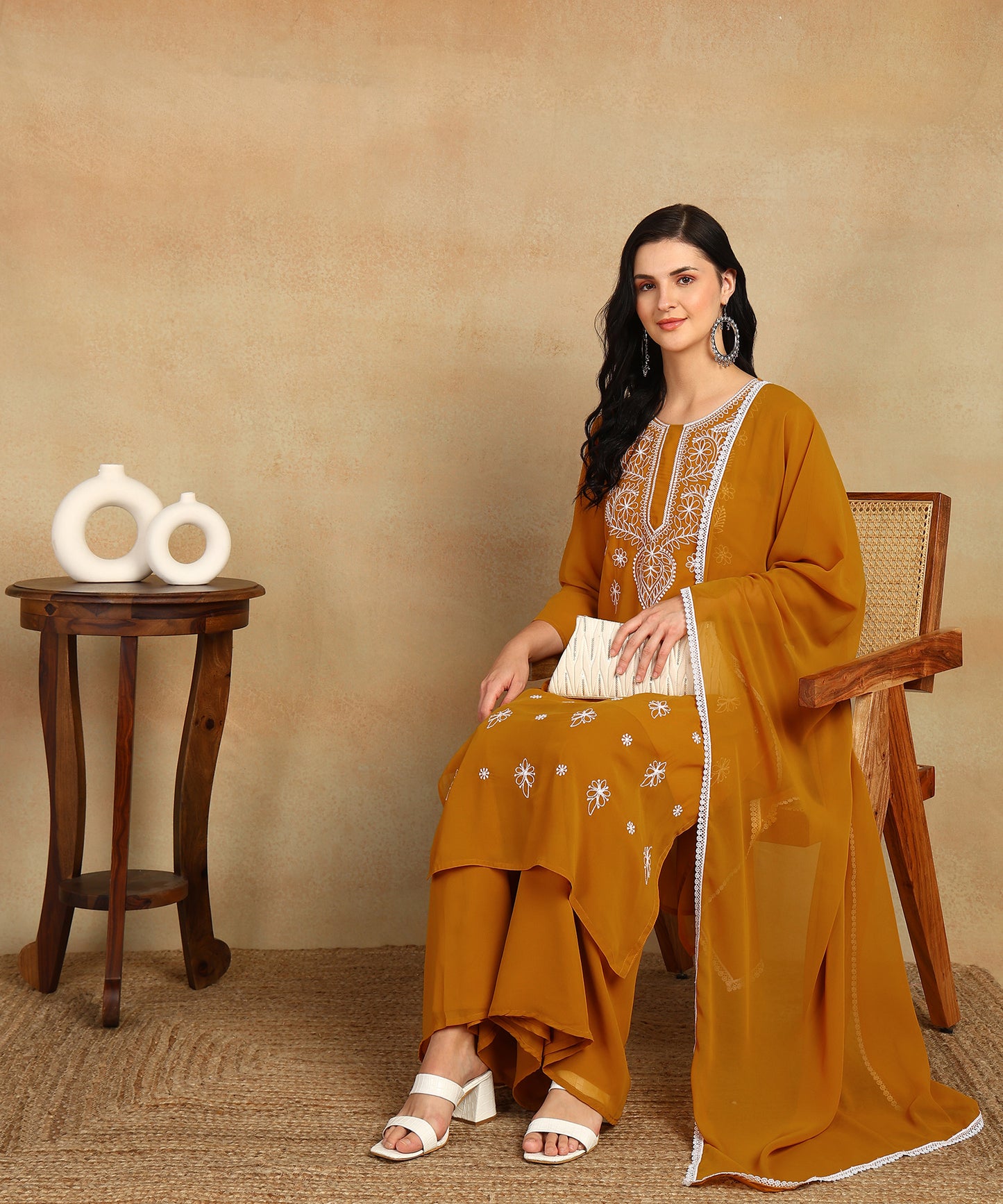 Chikankari Straight Kurta with Palazzo & Dupatta set
