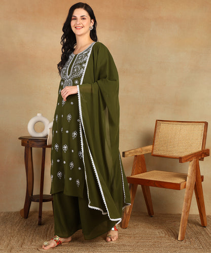 Chikankari Straight Kurta with Palazzo & Dupatta set