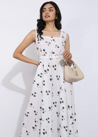 Elegant White Sleeveless Floral Printed Maxi Dress for Women