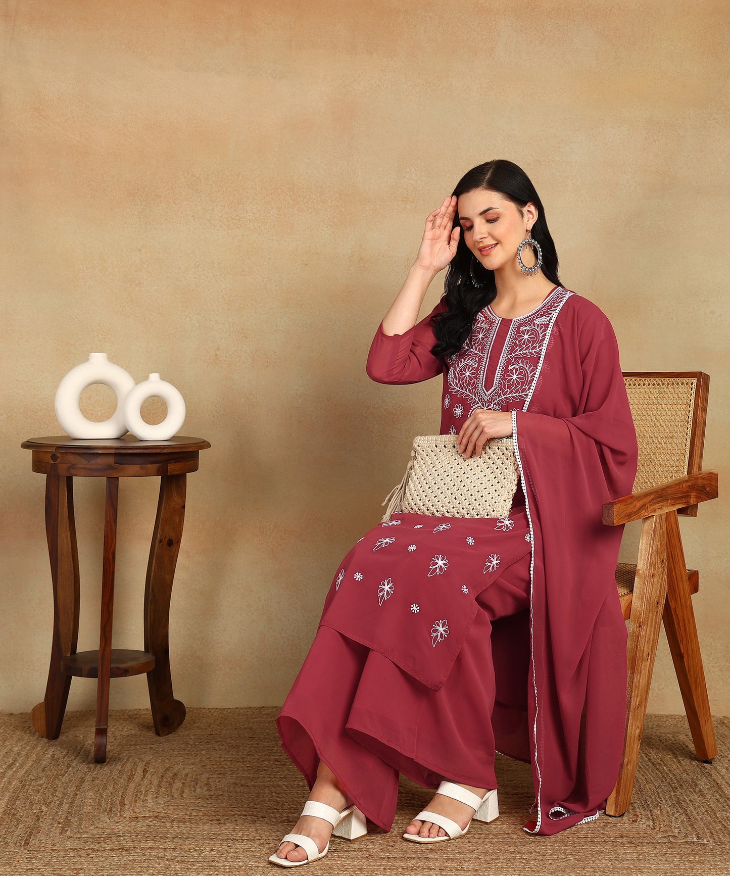 Chikankari Straight Kurta with Palazzo & Dupatta set