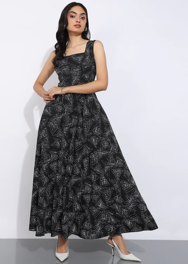 Elegant Geometric Printed Sleeveless Maxi Dress for Women