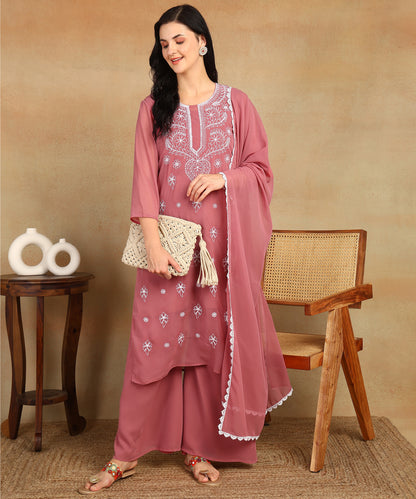 Chikankari Straight Kurta with Palazzo & Dupatta set