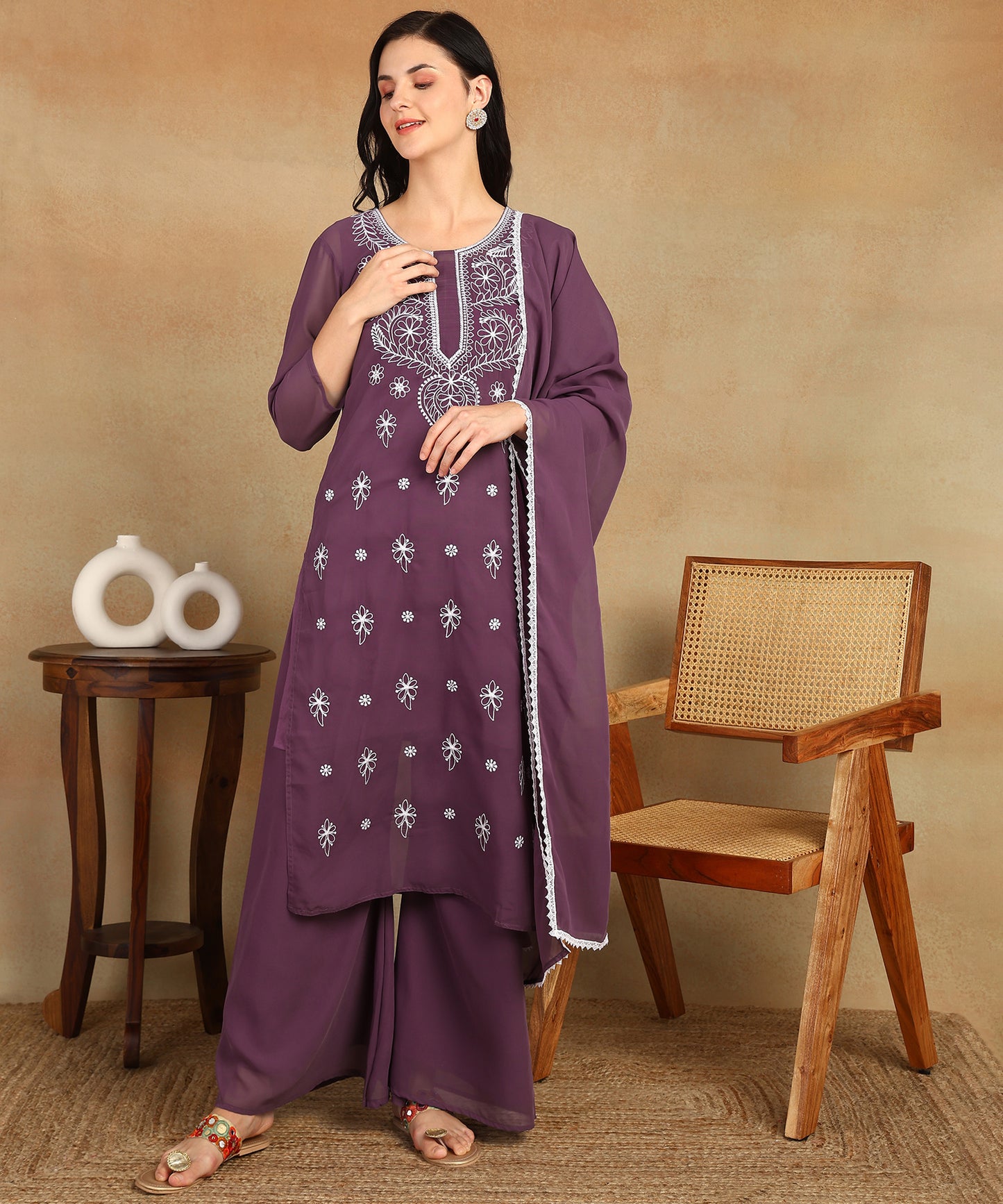 Chikankari Straight Kurta with Palazzo & Dupatta set