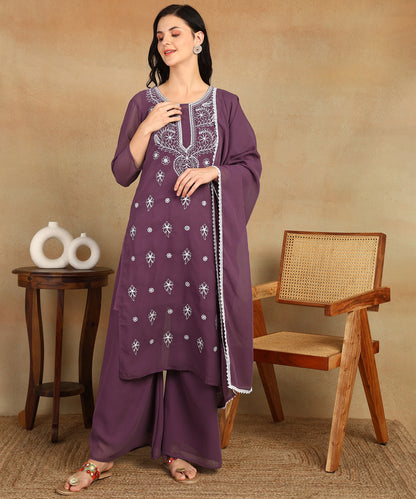 Chikankari Straight Kurta with Palazzo & Dupatta set