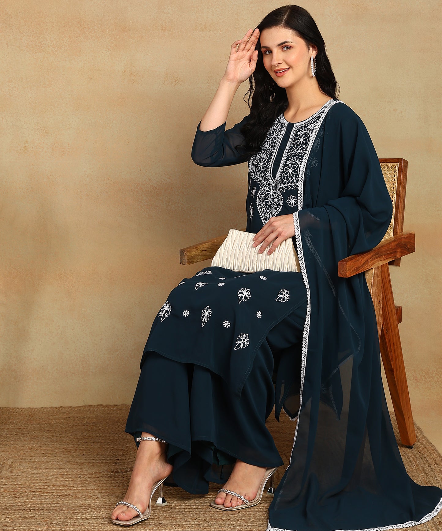 Chikankari Straight Kurta with Palazzo & Dupatta set