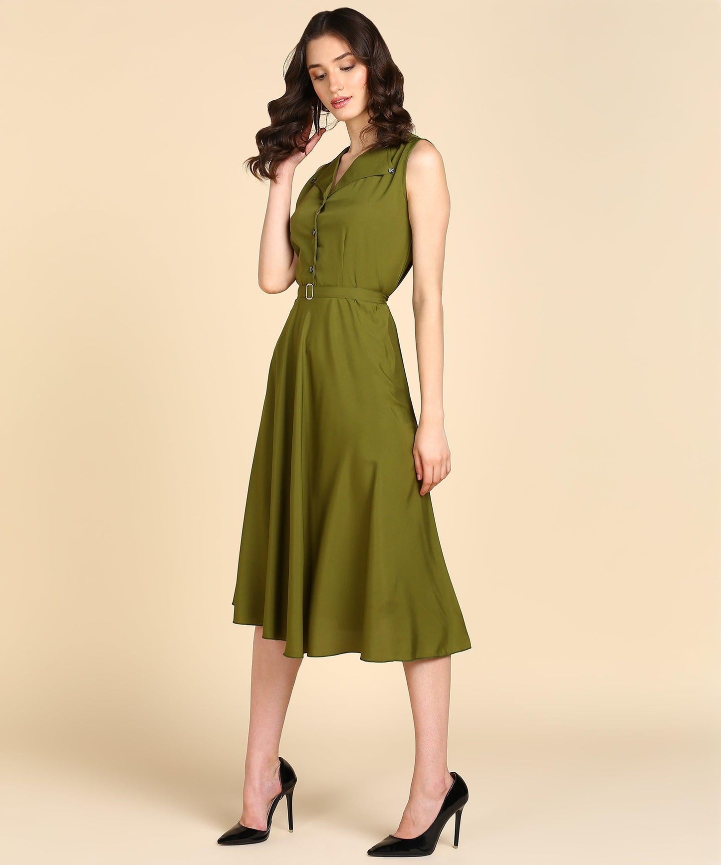 Rudraaksha Women Olive Green Solid Midi Dress | Sleeveless Button-Front Belted Fit & Flare Dress RUDRAAKSHA