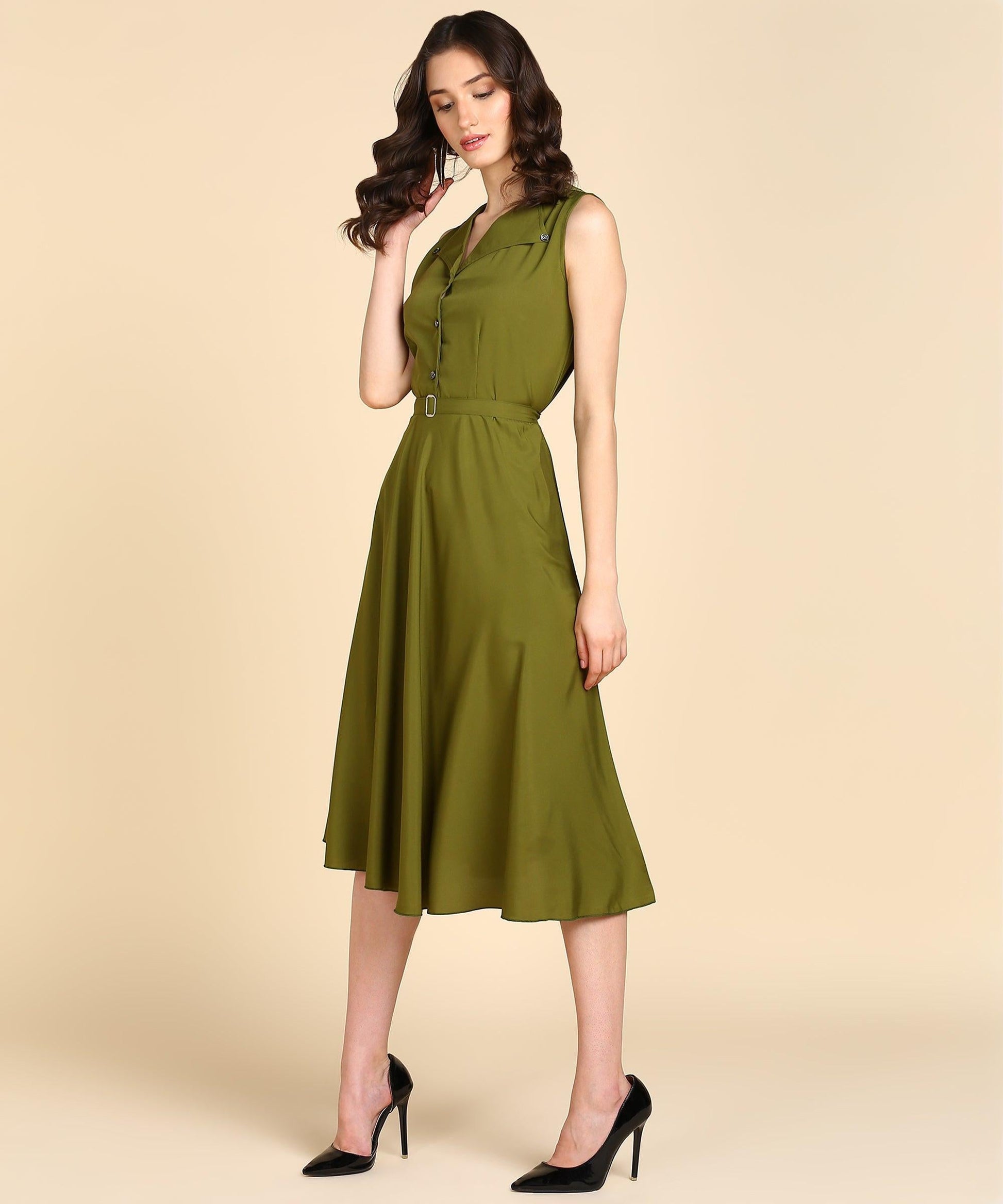Rudraaksha Women Olive Green Solid Midi Dress | Sleeveless Button-Front Belted Fit & Flare Dress RUDRAAKSHA