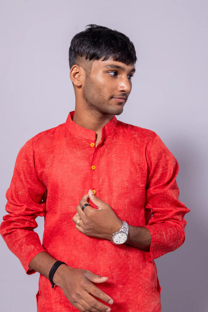Men’s Red Long Cotton Kurta – Traditional Elegance with Modern Comfort
