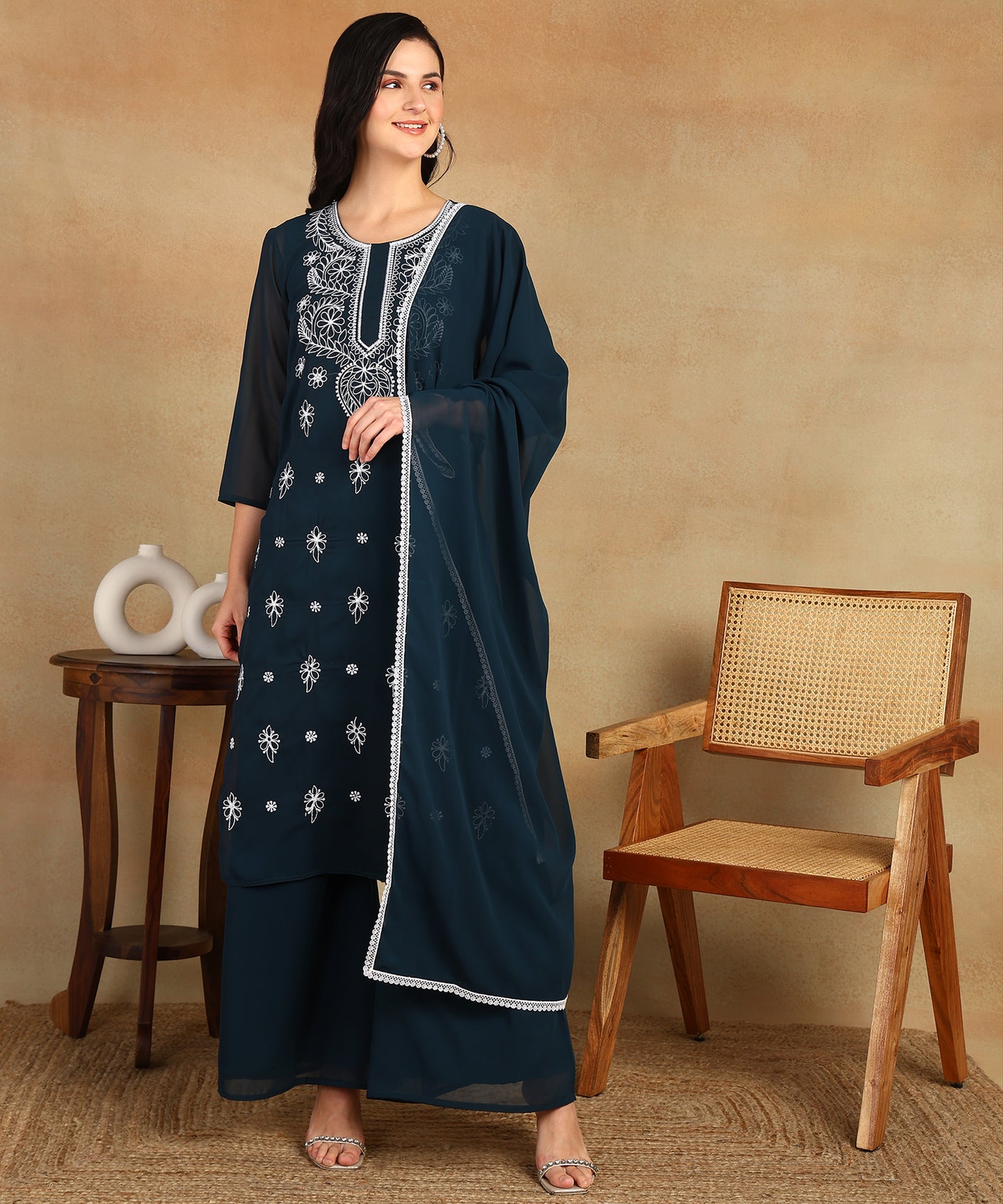 Chikankari Straight Kurta with Palazzo & Dupatta set