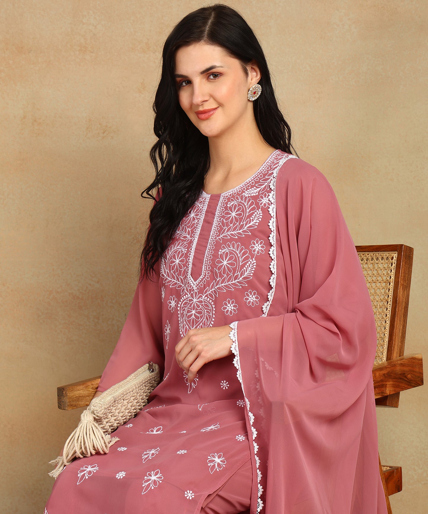 Chikankari Straight Kurta with Palazzo & Dupatta set