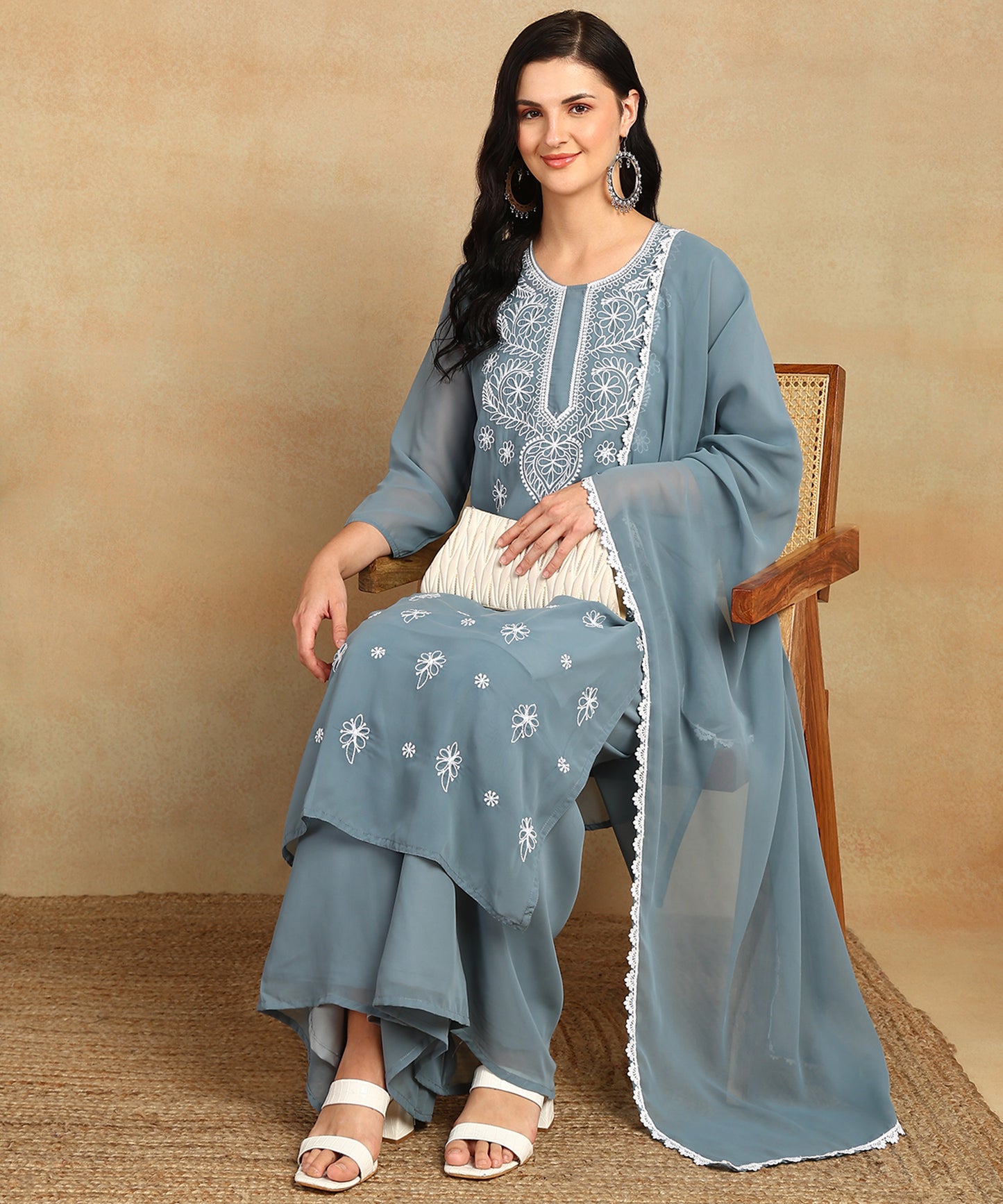 Chikankari Straight Kurta with Palazzo & Dupatta set