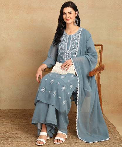 Chikankari Straight Kurta with Palazzo & Dupatta set