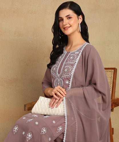 Chikankari Straight Kurta with Palazzo & Dupatta set