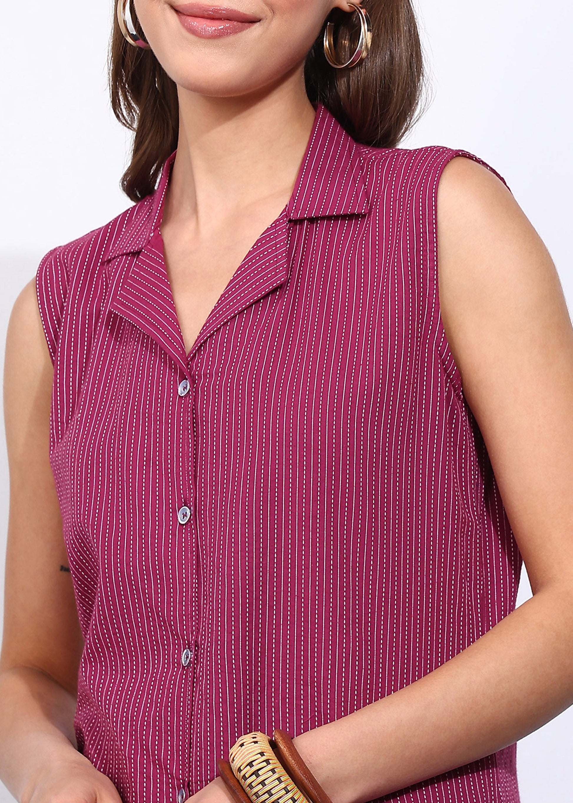 Wine Maroon Cotton Co-Ord Set for Women | Sleeveless Kurti with Straight Pants RUDRAAKSHA