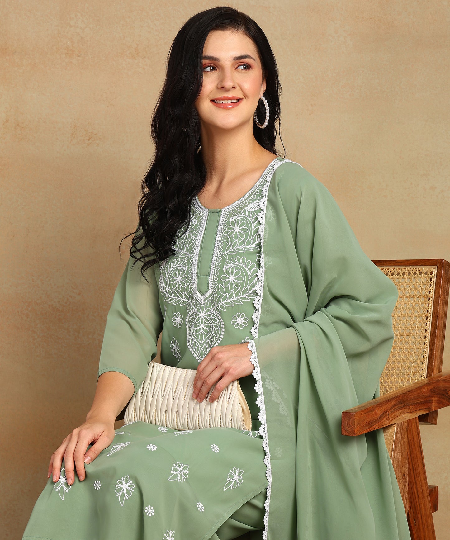 Chikankari Straight Kurta with Palazzo & Dupatta set