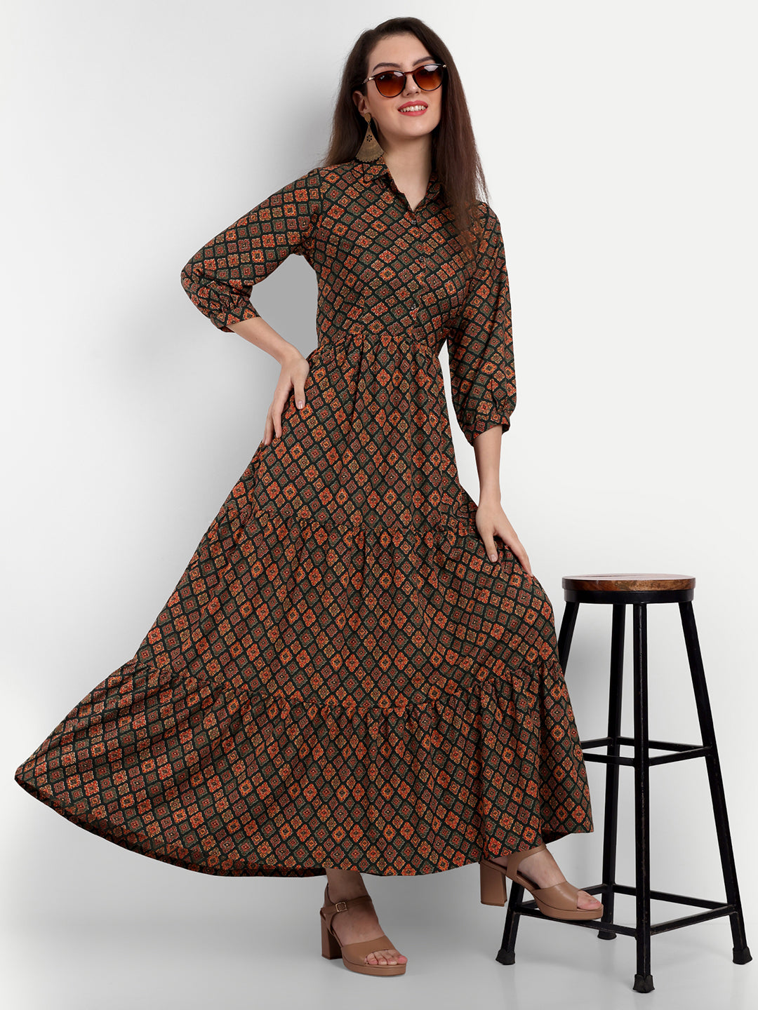 stylish collared cotton printed maxi dress for women