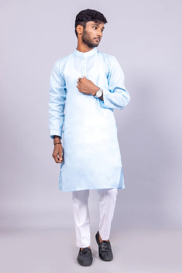 Men’s Light Blue Long Cotton Kurta – Subtle Elegance with Everyday Comfort