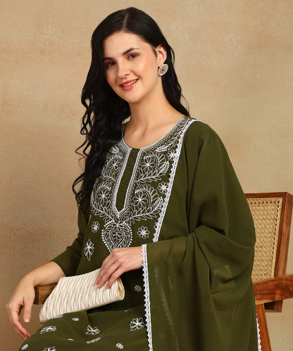 Chikankari Straight Kurta with Palazzo & Dupatta set