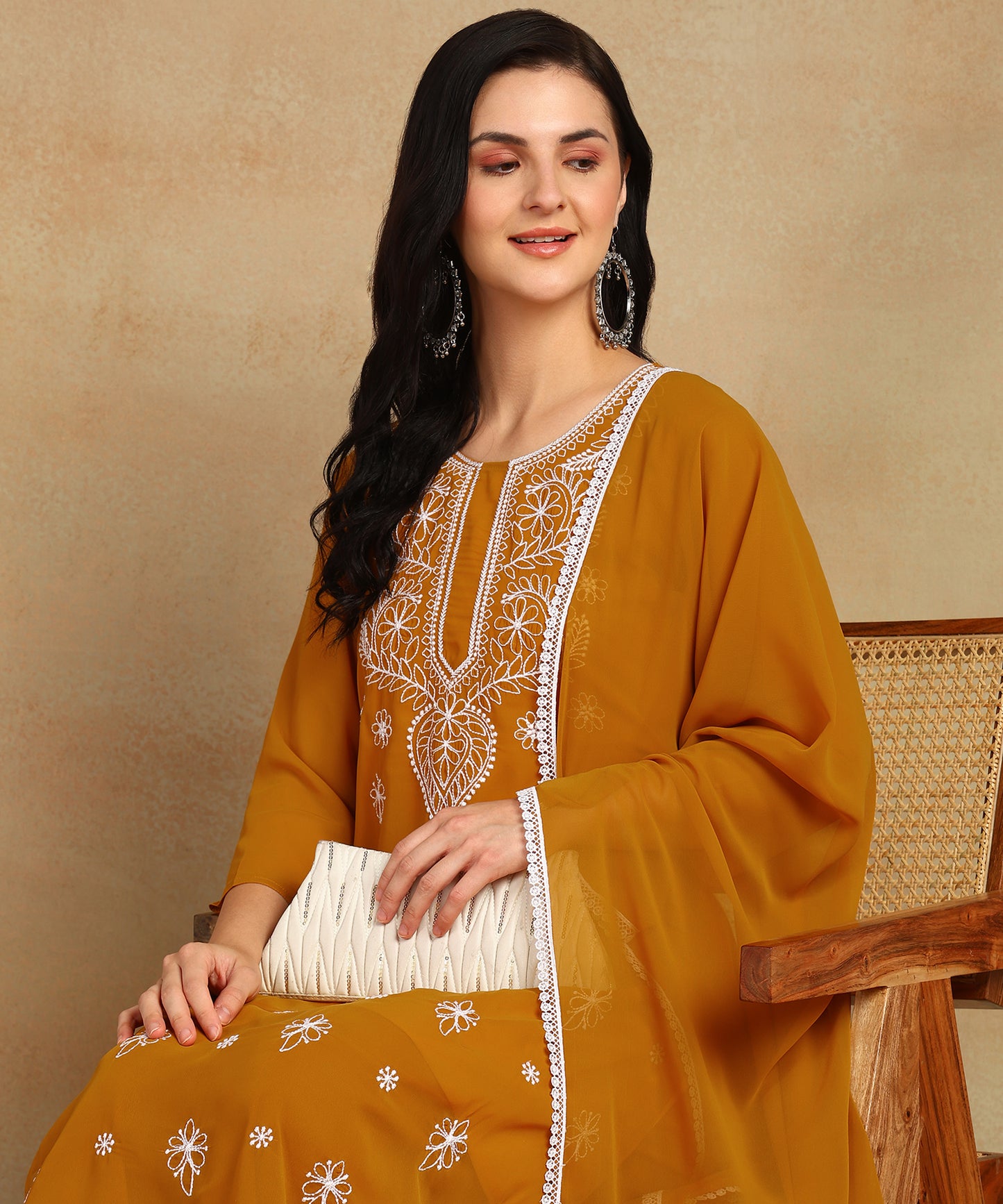 Chikankari Straight Kurta with Palazzo & Dupatta set
