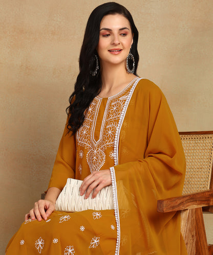 Chikankari Straight Kurta with Palazzo & Dupatta set