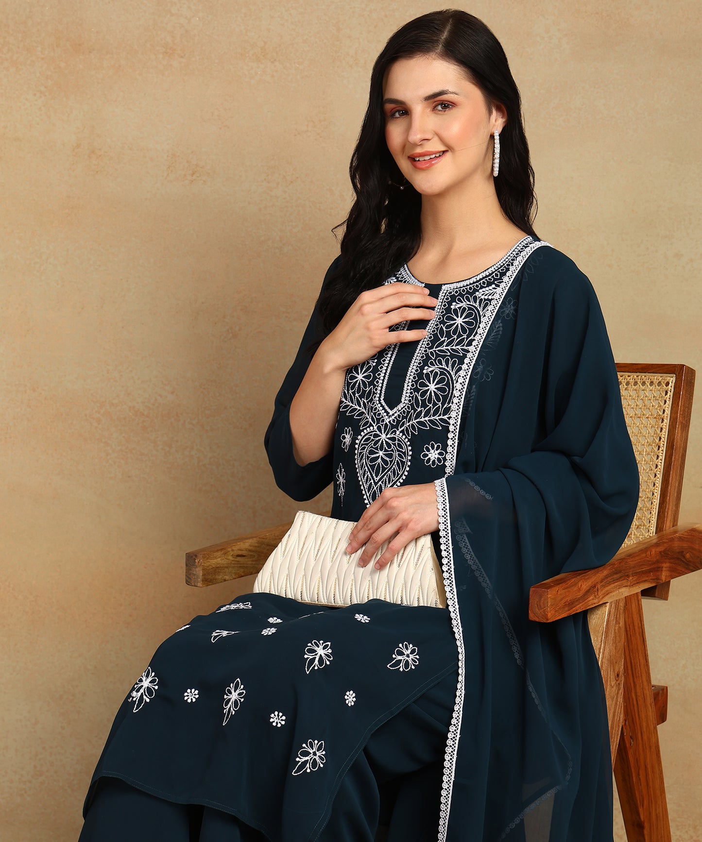 Chikankari Straight Kurta with Palazzo & Dupatta set